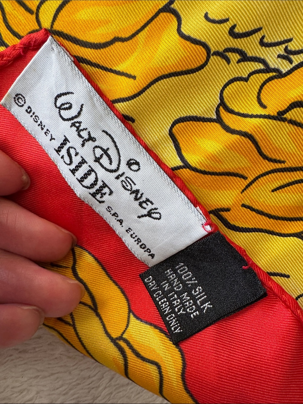 Vintage Handmade Disney Mickey Minnie Silk Scarf Red Yellow Farm Scene Chic - Picture 5 of 11
